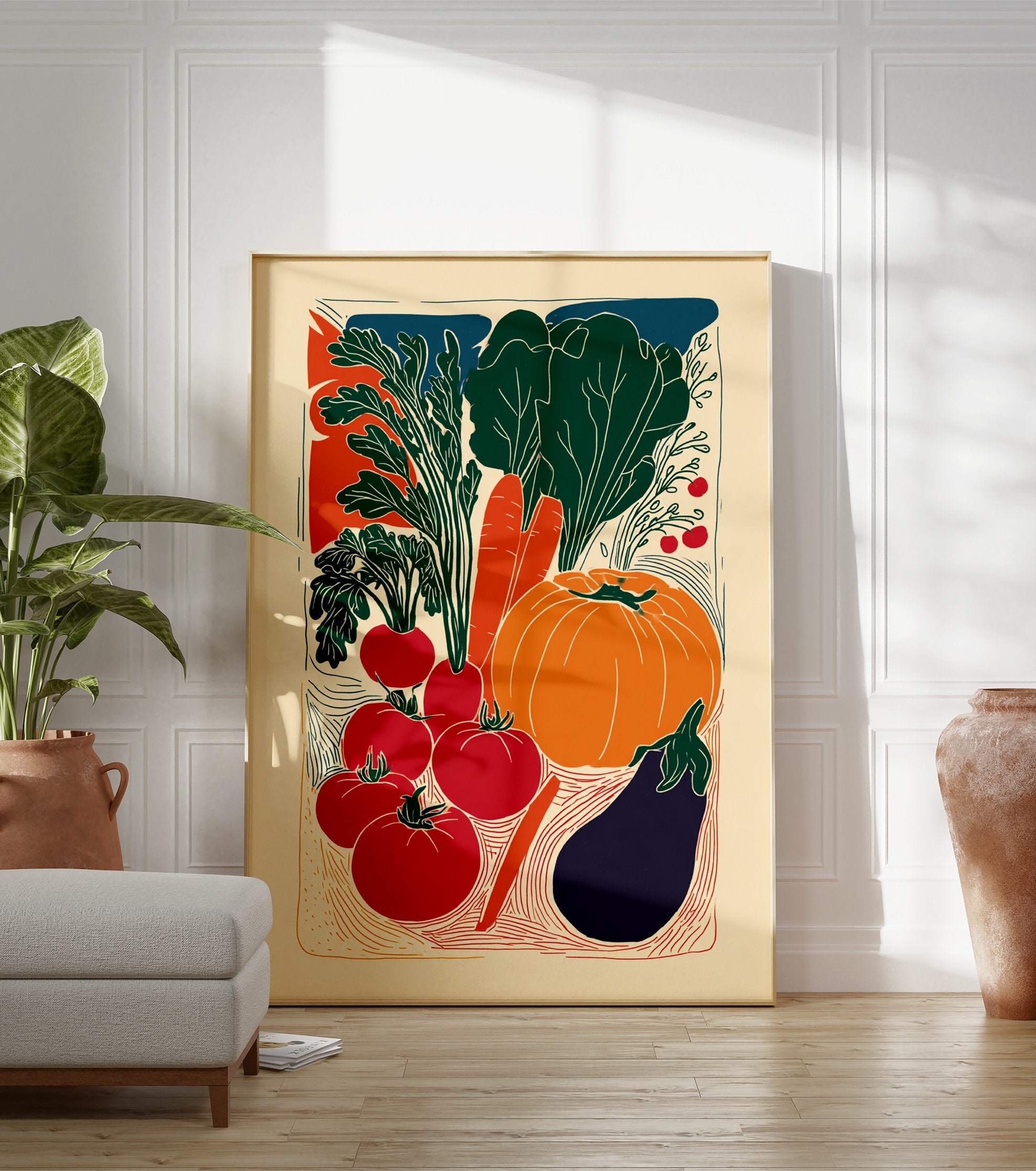 Vibrant illustrative vegetable poster featuring a pumpkin, carrots, tomatoes, radishes, eggplant, and leafy greens in a folk art style. - Image 3