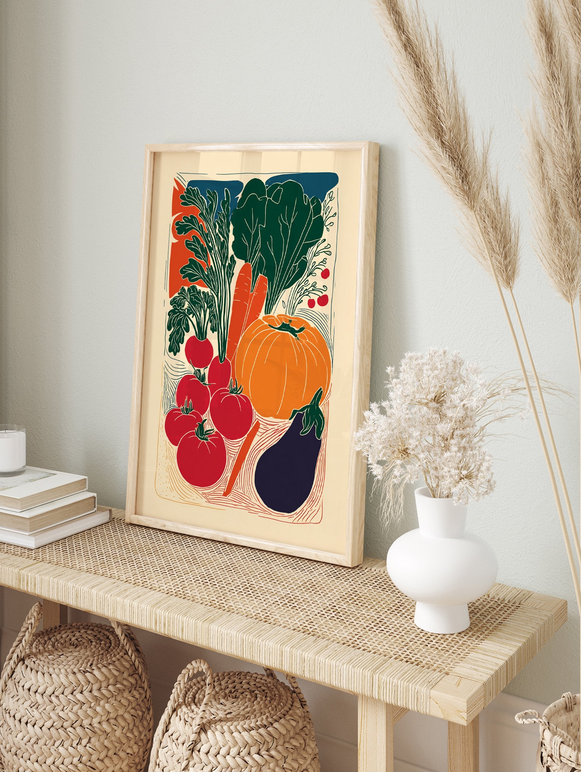 Vibrant illustrative vegetable poster featuring a pumpkin, carrots, tomatoes, radishes, eggplant, and leafy greens in a folk art style. - Image 4