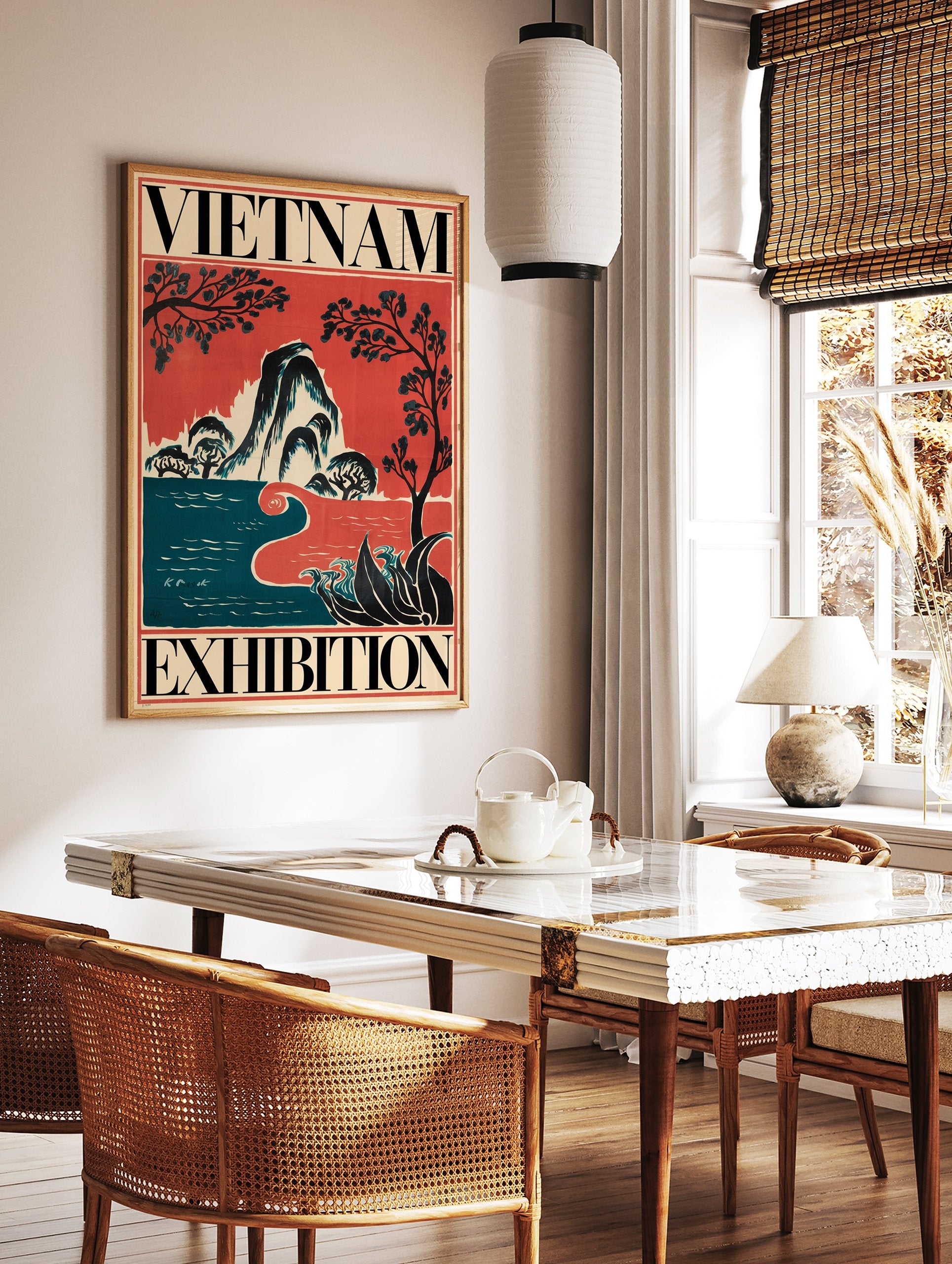 Vintage Vietnam Exhibition travel poster with stylized mountains, water, and trees in red, blue, and black. - Image 2