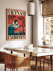 Vintage Vietnam Exhibition travel poster with stylized mountains, water, and trees in red, blue, and black. - Image 2