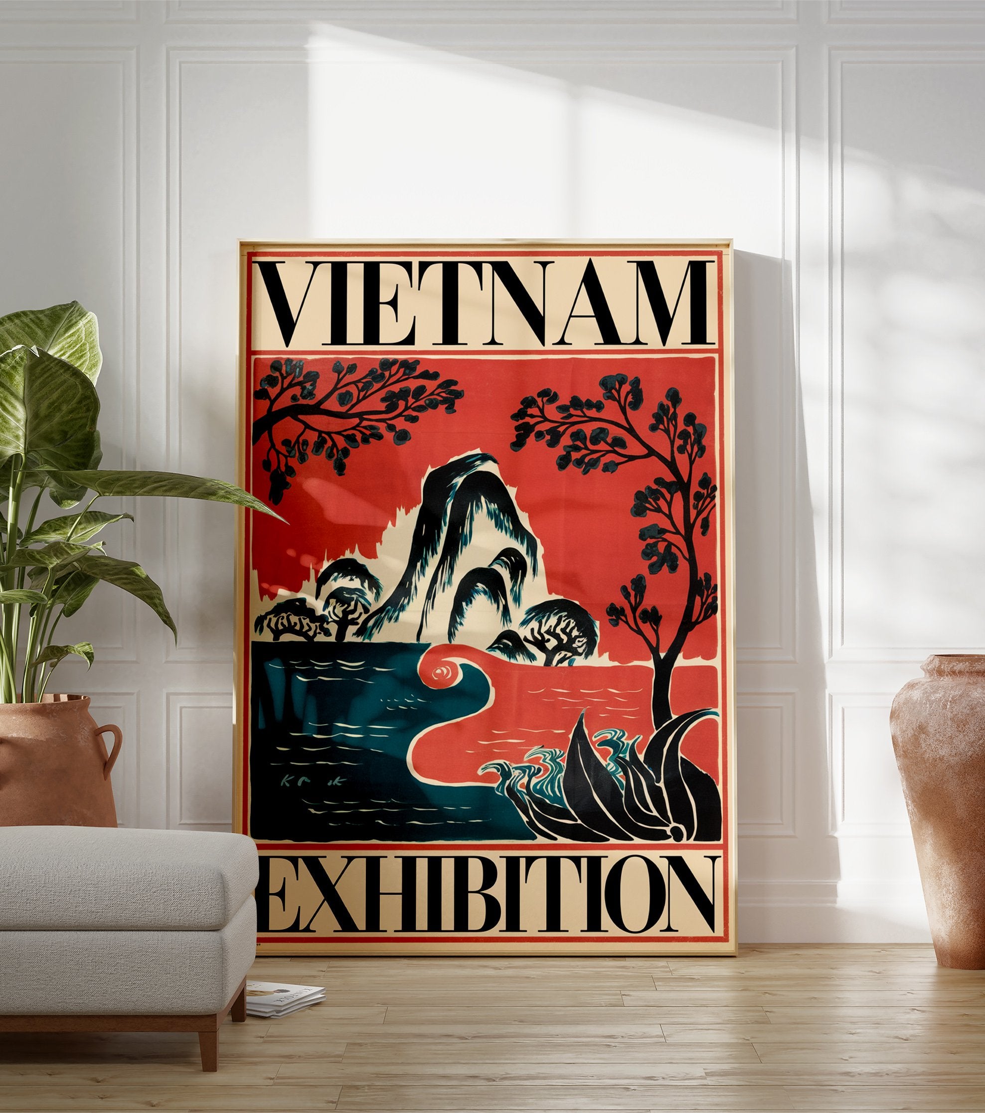 Vintage Vietnam Exhibition travel poster with stylized mountains, water, and trees in red, blue, and black. - Image 3