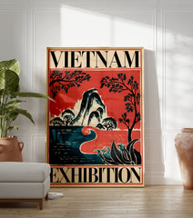 Vintage Vietnam Exhibition travel poster with stylized mountains, water, and trees in red, blue, and black. - Image 3