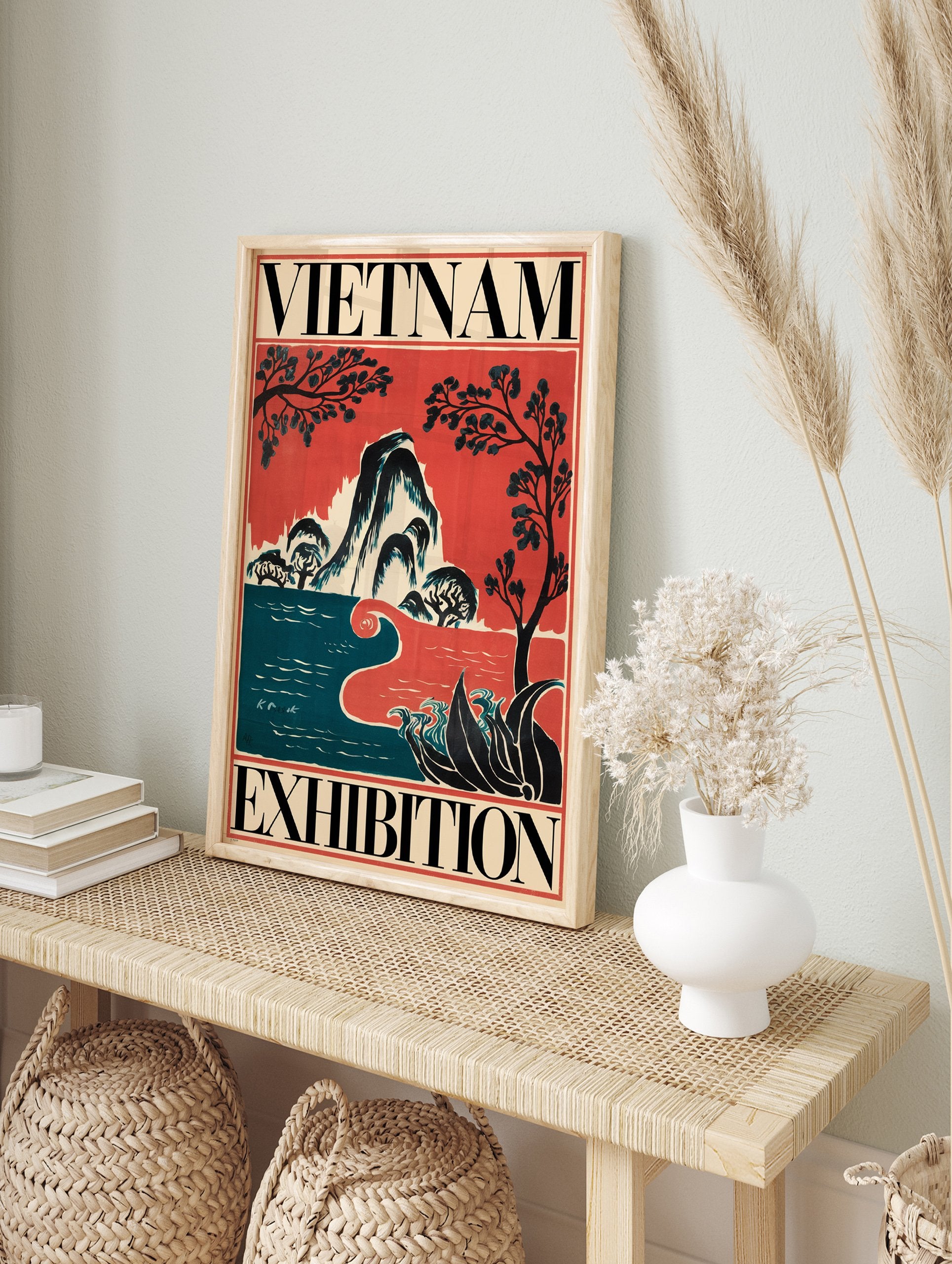 Vintage Vietnam Exhibition travel poster with stylized mountains, water, and trees in red, blue, and black. - Image 4