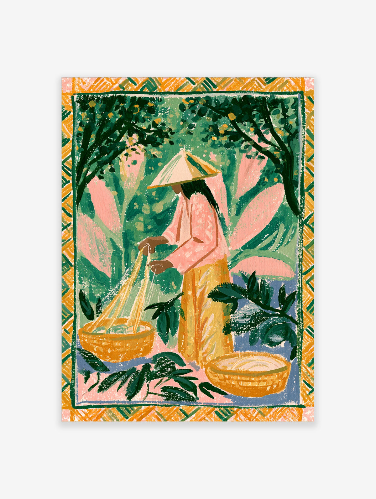 Illustration of a woman in a conical hat making silk threads in a lush green and pink garden setting
