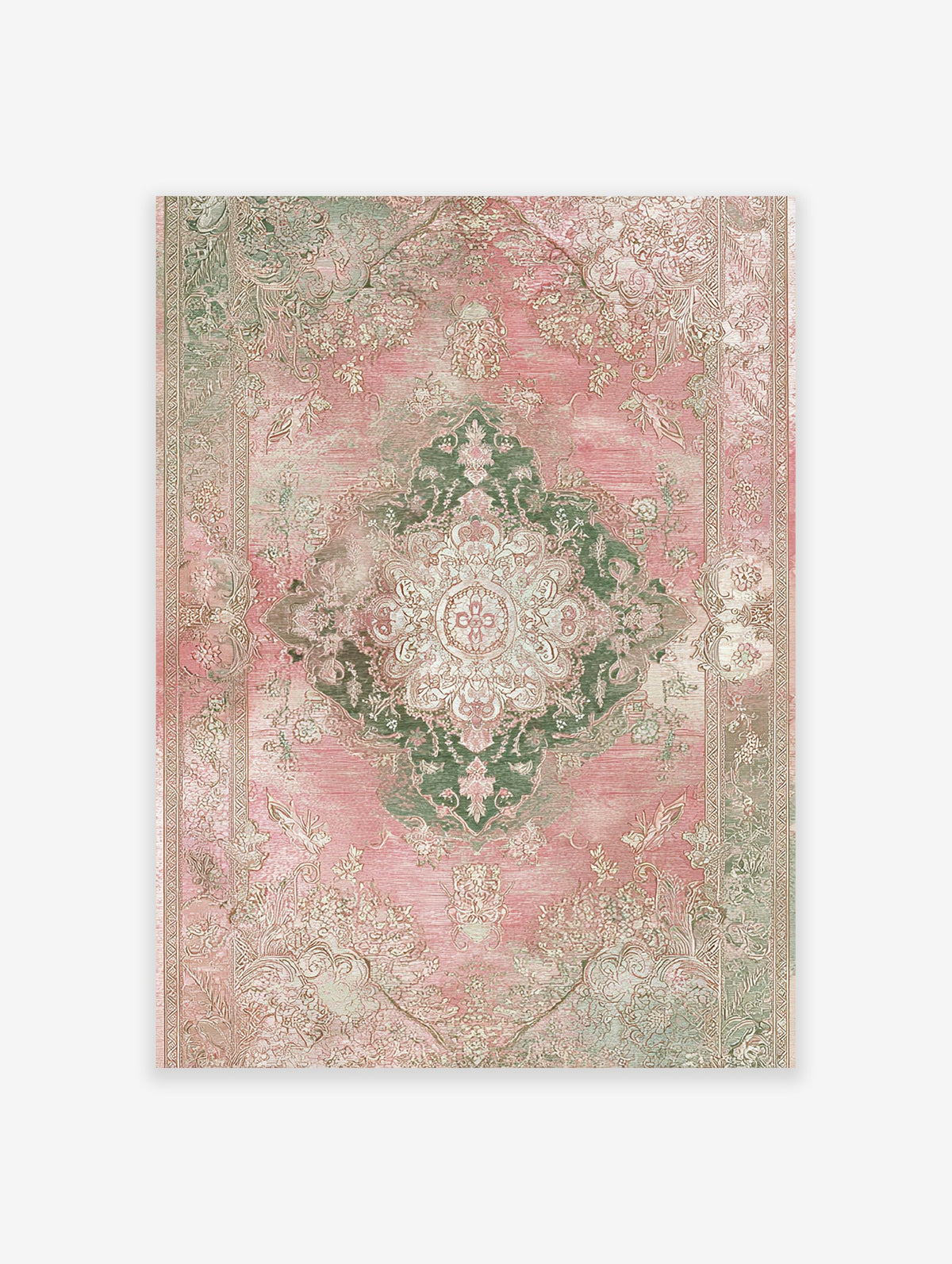Distressed pink and green vintage area rug with ornate medallion and floral Persian-style pattern on a white background