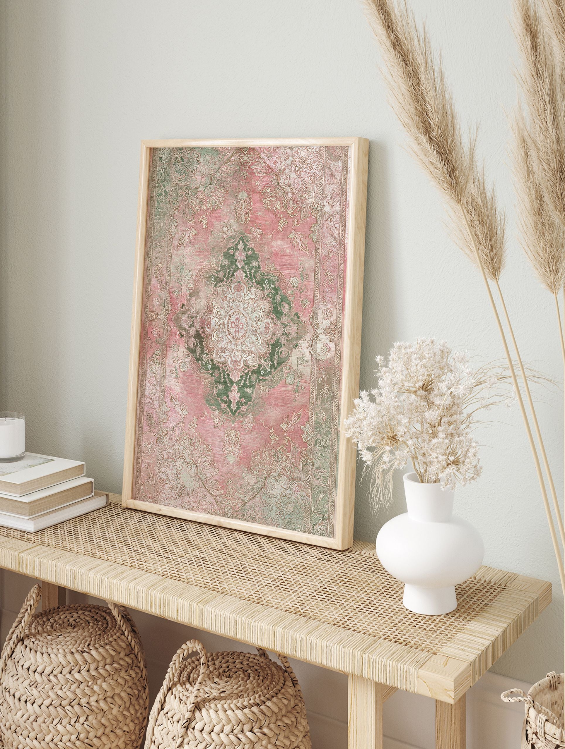 Distressed pink and green vintage area rug with ornate medallion and floral Persian-style pattern on a white background - Image 3