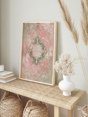 Distressed pink and green vintage area rug with ornate medallion and floral Persian-style pattern on a white background - Image 3