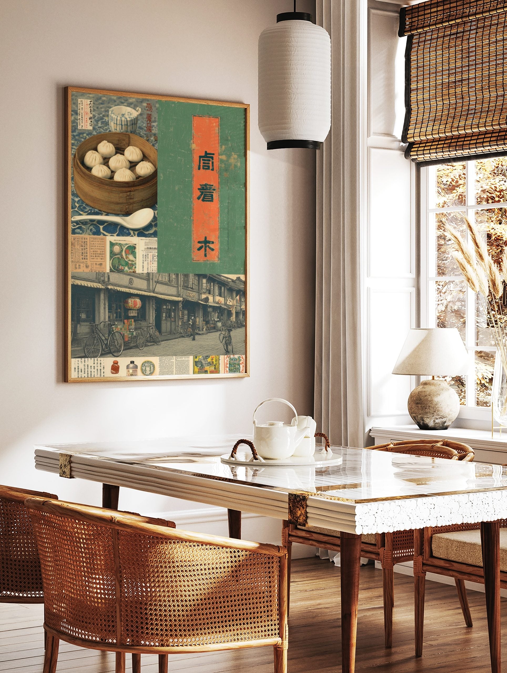 Vintage Asian collage print with steamed buns, street scene, bicycles, and Chinese calligraphy on, in a styled room mockup