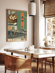 Vintage Asian collage print with steamed buns, street scene, bicycles, and Chinese calligraphy on, in a styled room mockup