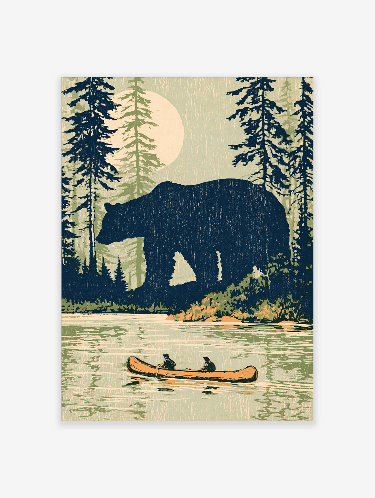 Vintage bear canoe poster with moonlit forest lake, pine trees, and two paddlers in a canoe
