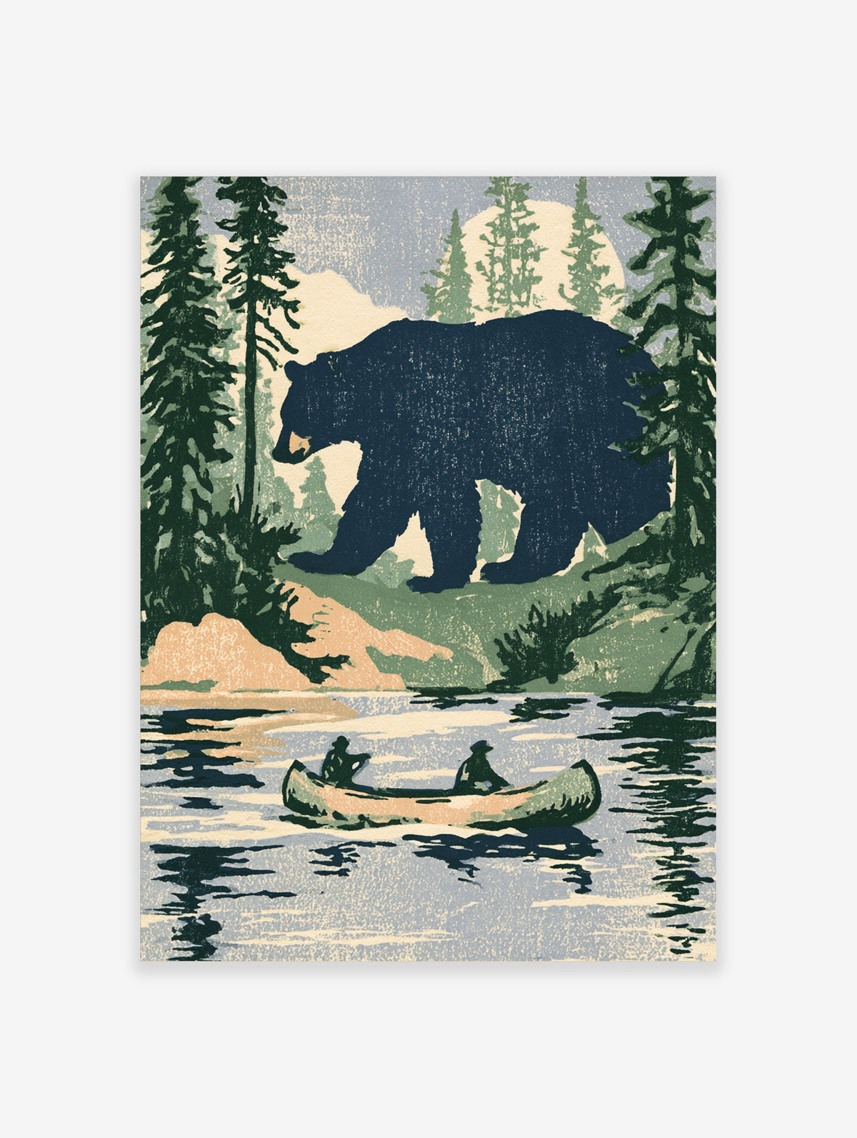 Vintage-style bear and canoe poster with two paddlers, pine trees, and a pale sun