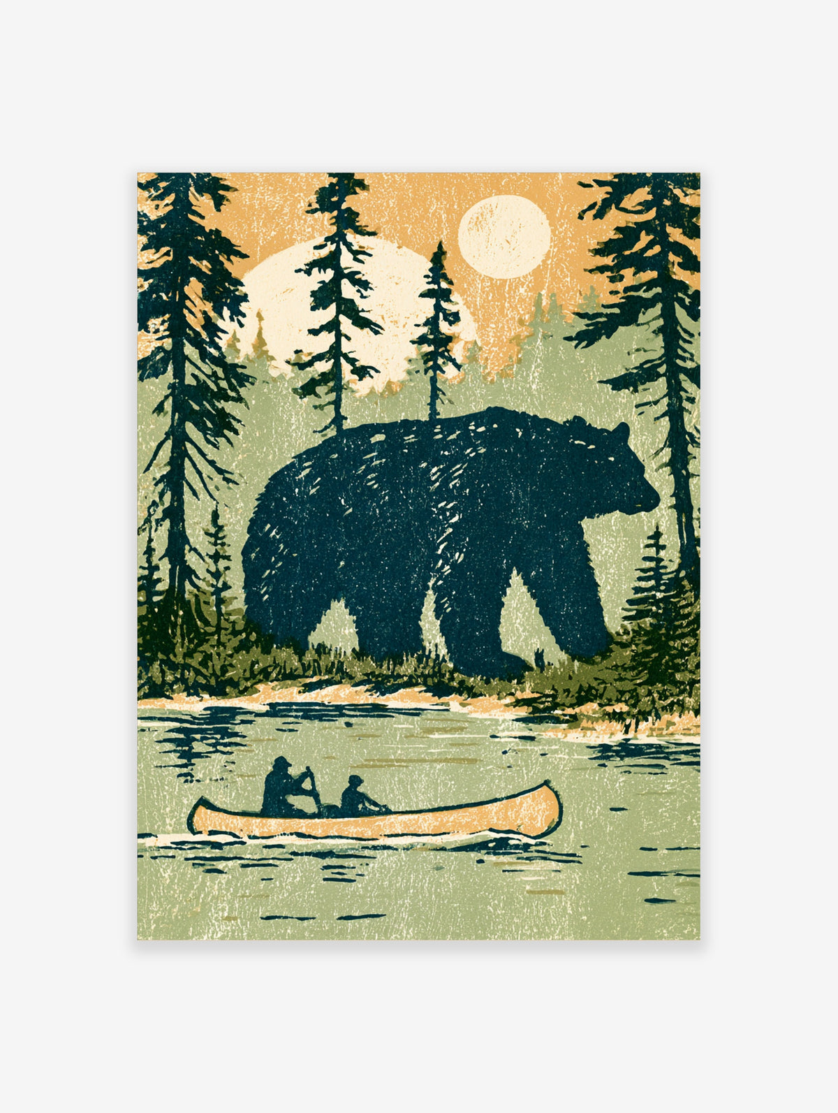 Retro bear silhouette art print with canoe, lake, moon and pine forest in teal and orange