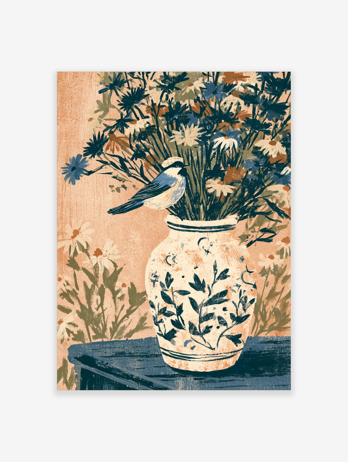 Blue tit perched on a cream vase filled with flowers, vintage botanical poster