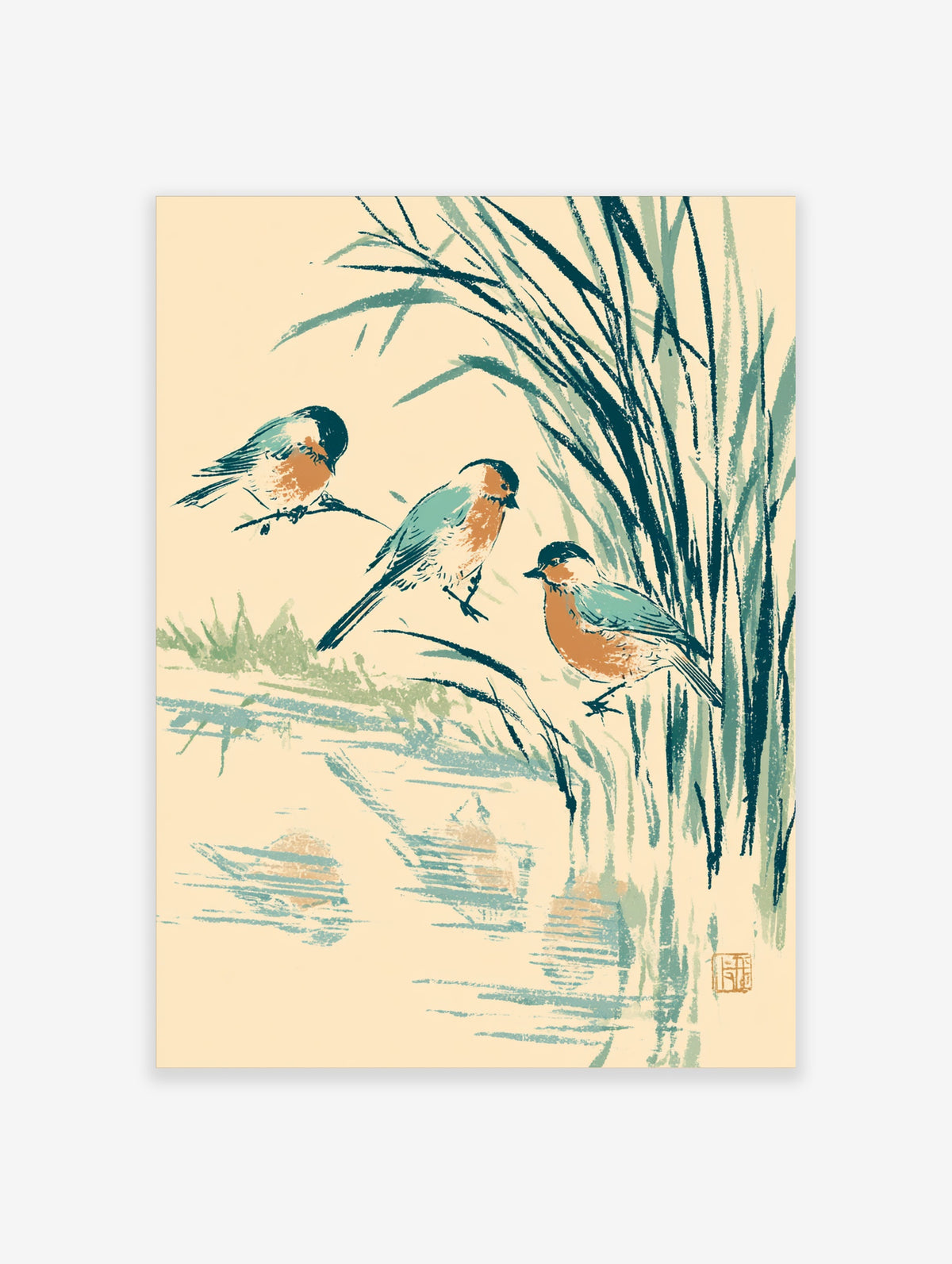 Vintage bird art print with three birds on branches among green reeds and water reflections