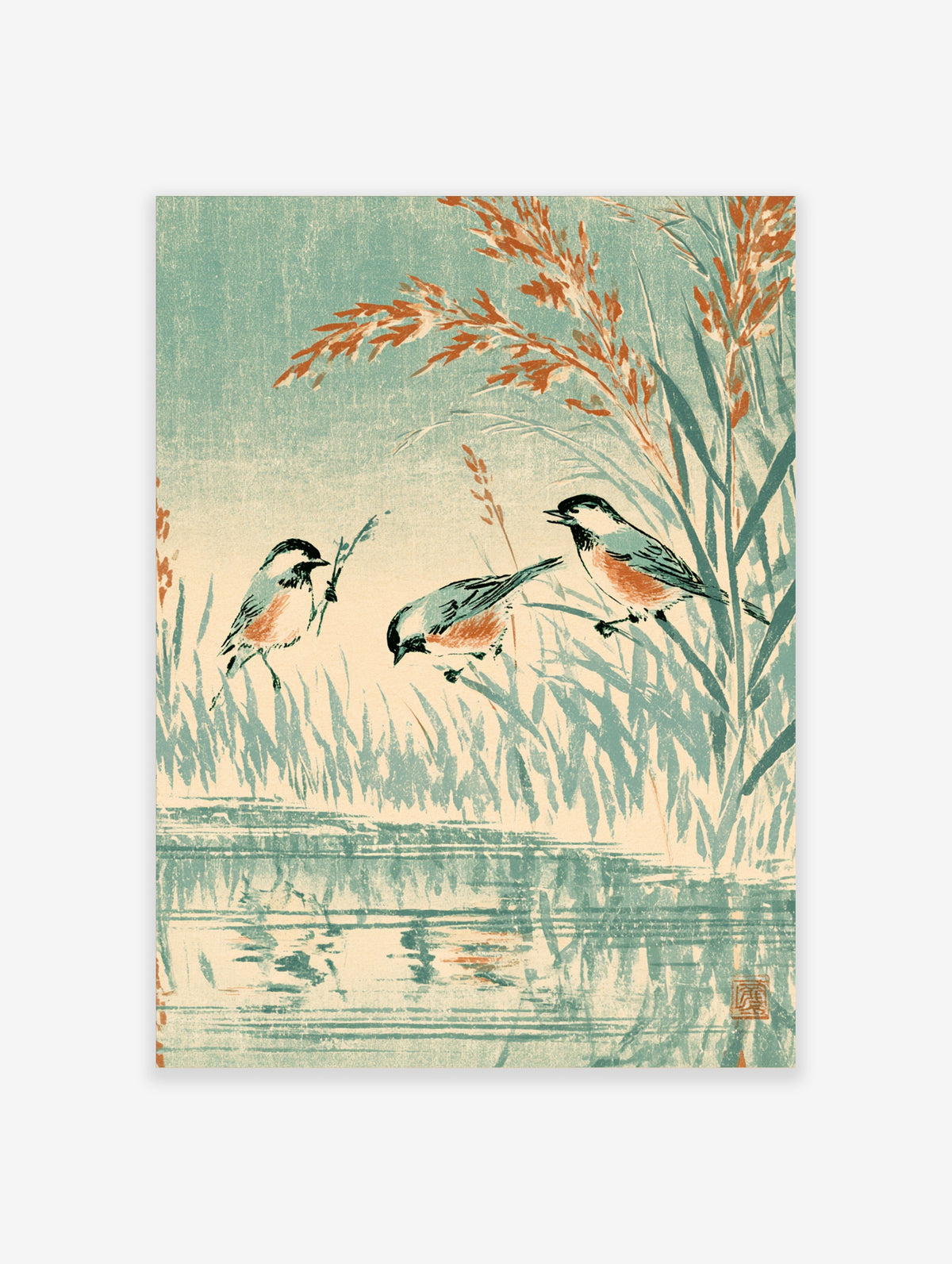 Three chickadees perched on teal reeds above water in a vintage Japanese style art print