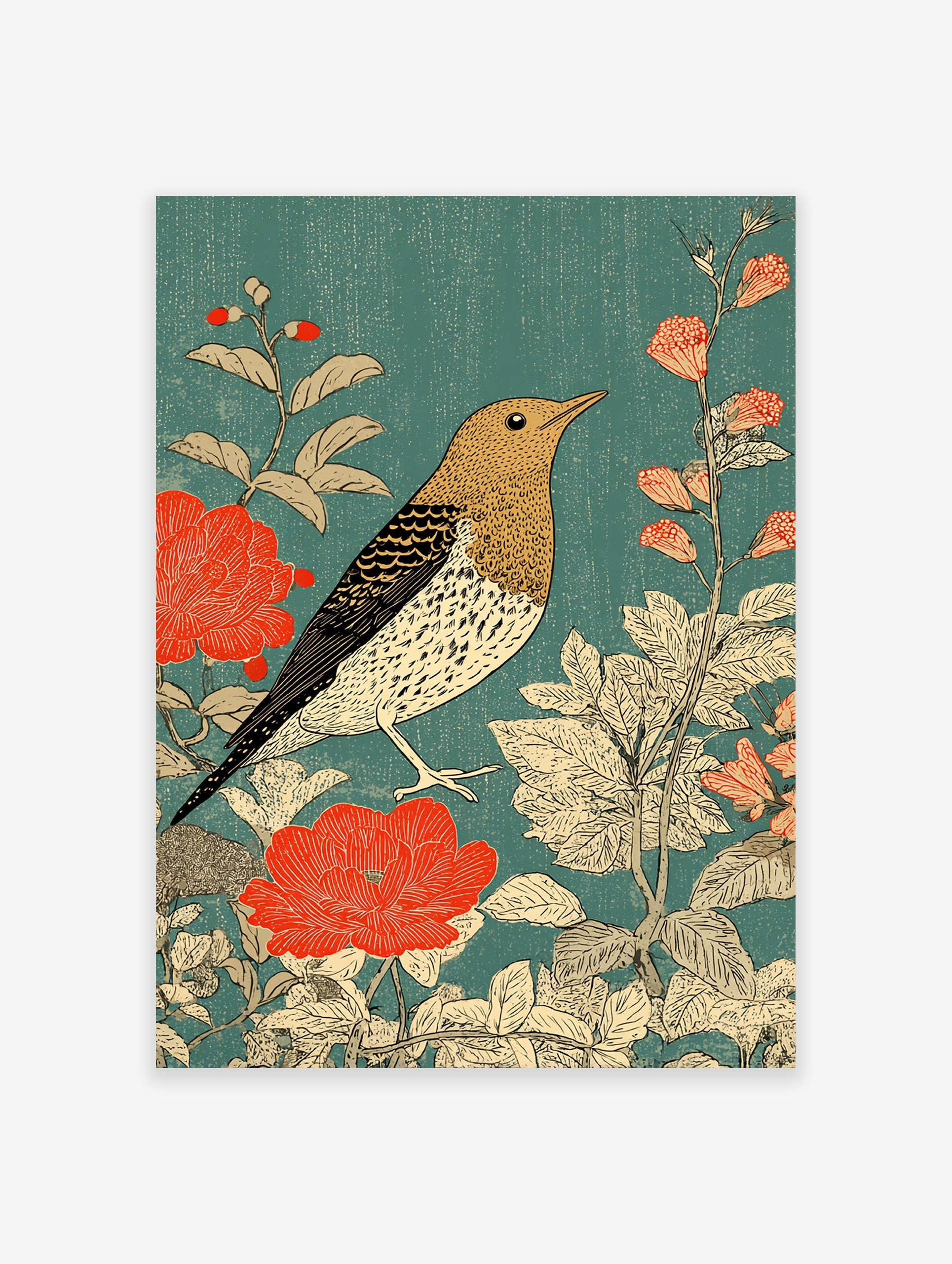 Vintage bird poster with a golden bird, red flowers, and green leaves on a teal background in an illustrated style.