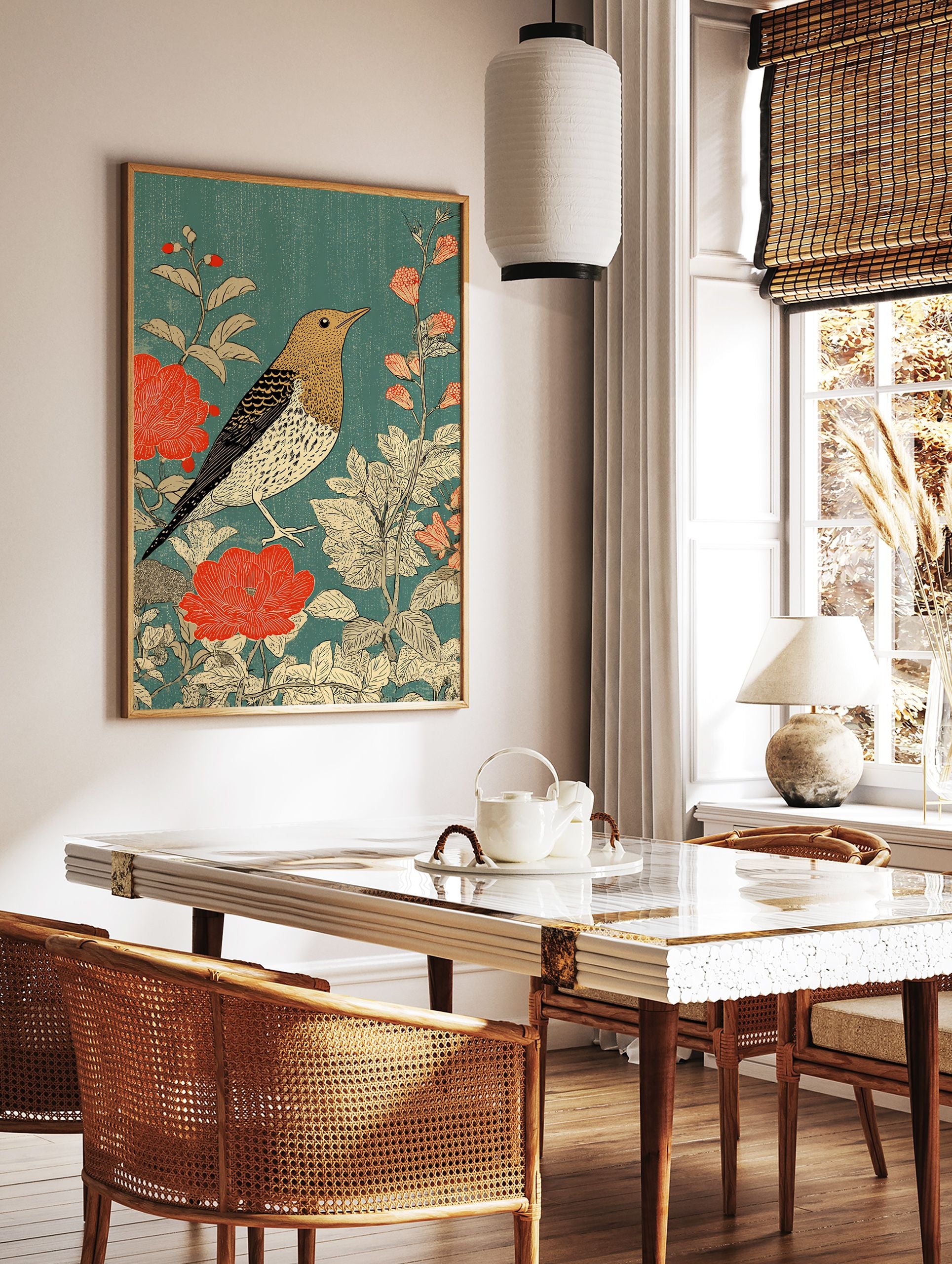 Vintage bird poster with a golden bird, red flowers, and green leaves on a teal background in an illustrated style. - Image 2
