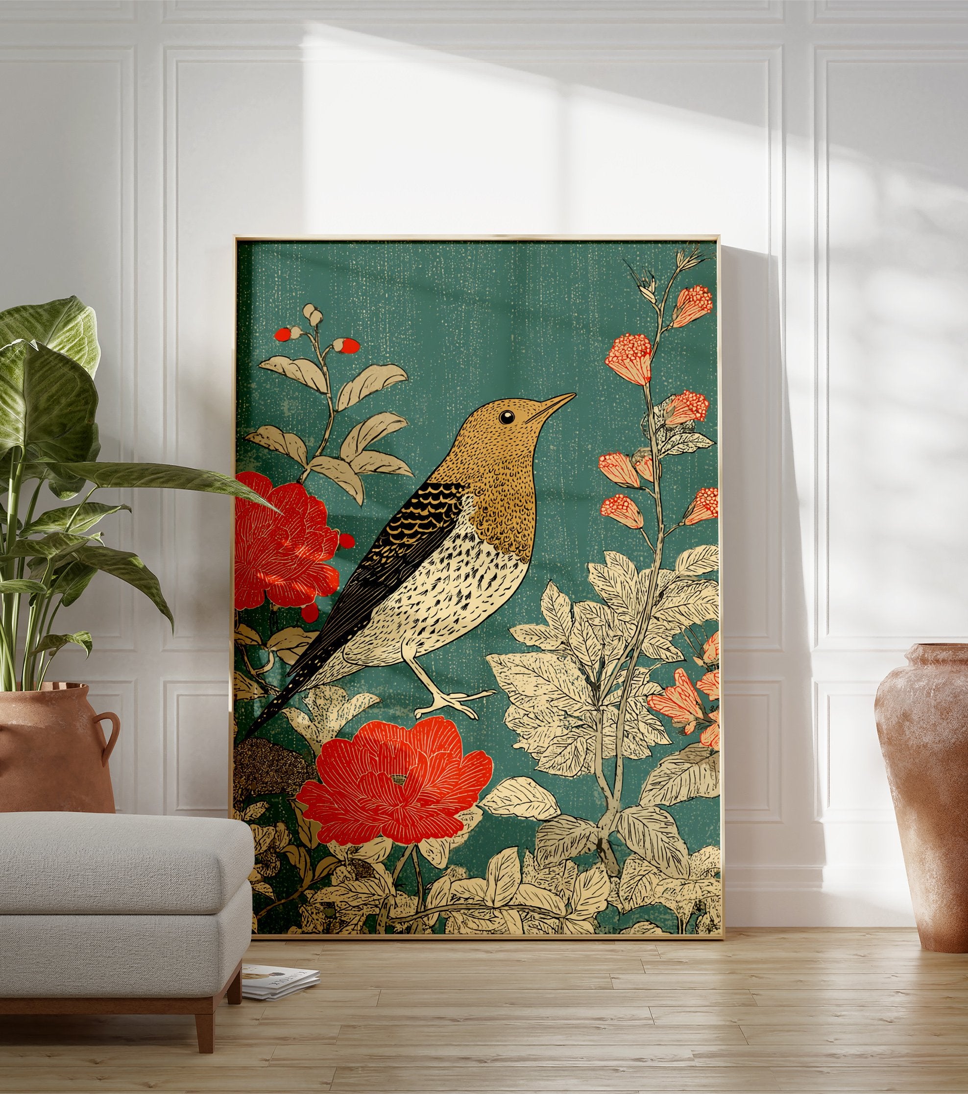 Vintage bird poster with a golden bird, red flowers, and green leaves on a teal background in an illustrated style. - Image 3