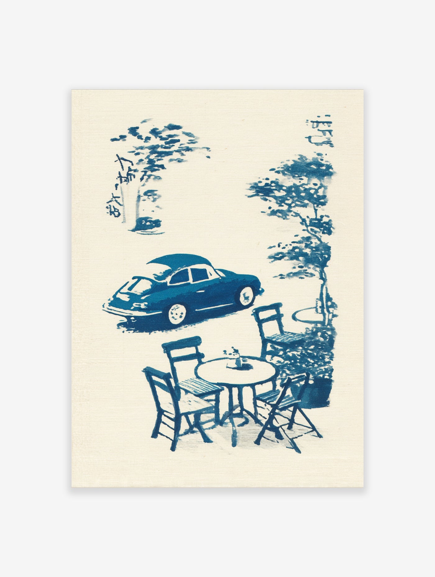 Vintage blue car parked near cafe terrace with chairs and trees, monochrome blue sketch art print