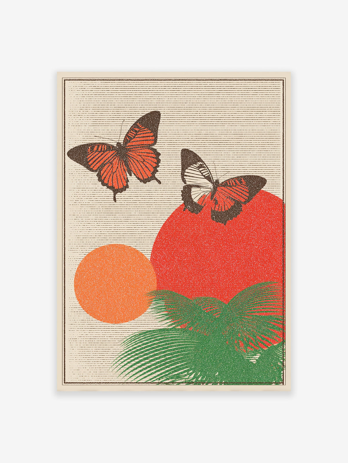 Vintage tropical poster featuring two red and orange butterflies, green palm leaves, and red and orange circles on a striped background.
