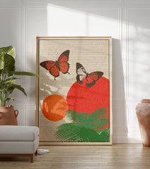 Vintage tropical poster featuring two red and orange butterflies, green palm leaves, and red and orange circles on a striped background. - Image 3