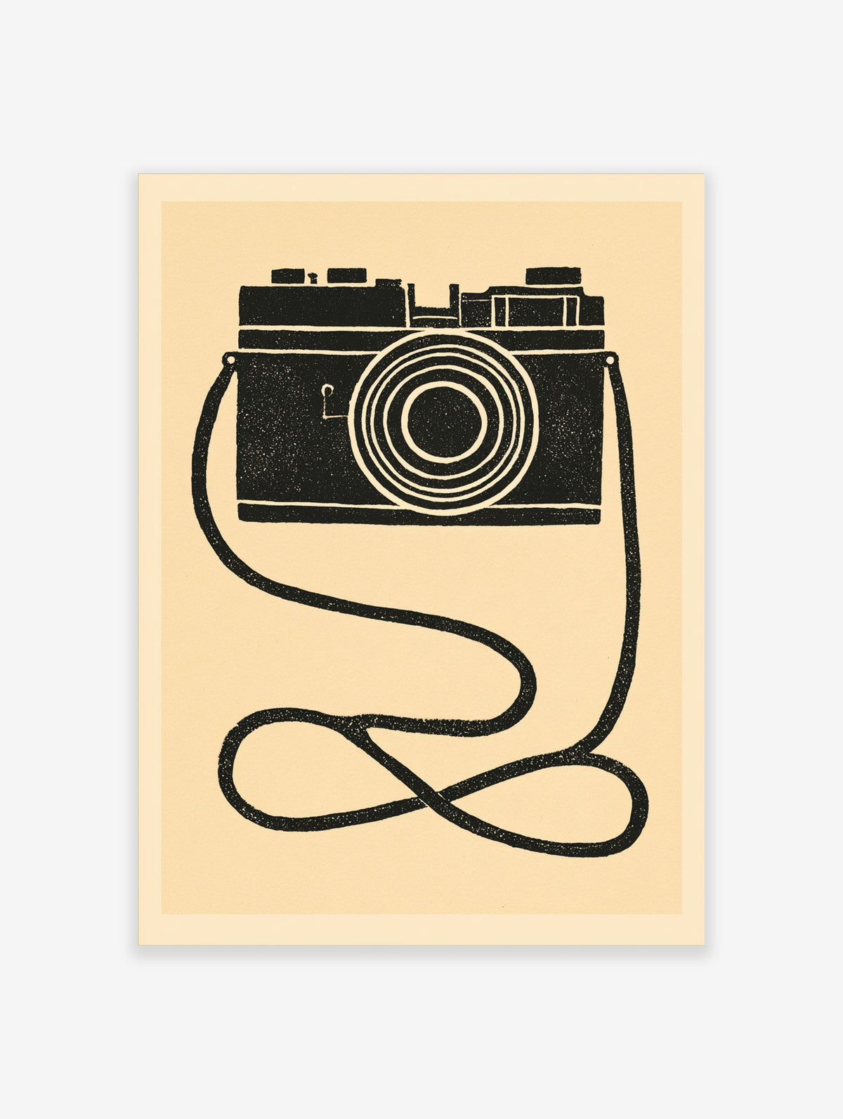 Black and white film camera poster with looping strap and concentric lens rings on cream background