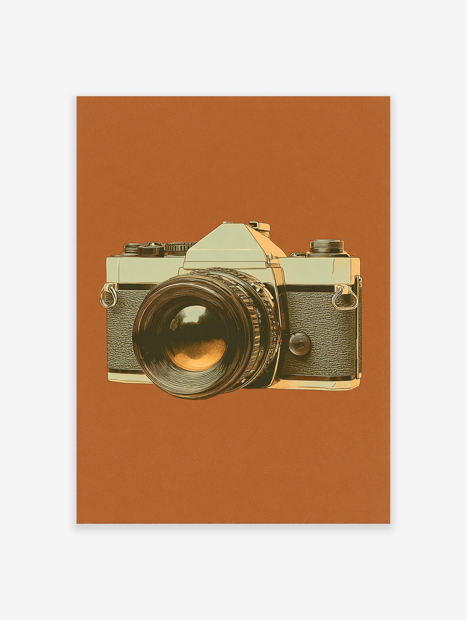 Vintage camera poster with a detailed illustration of a classic camera on a warm brown background.