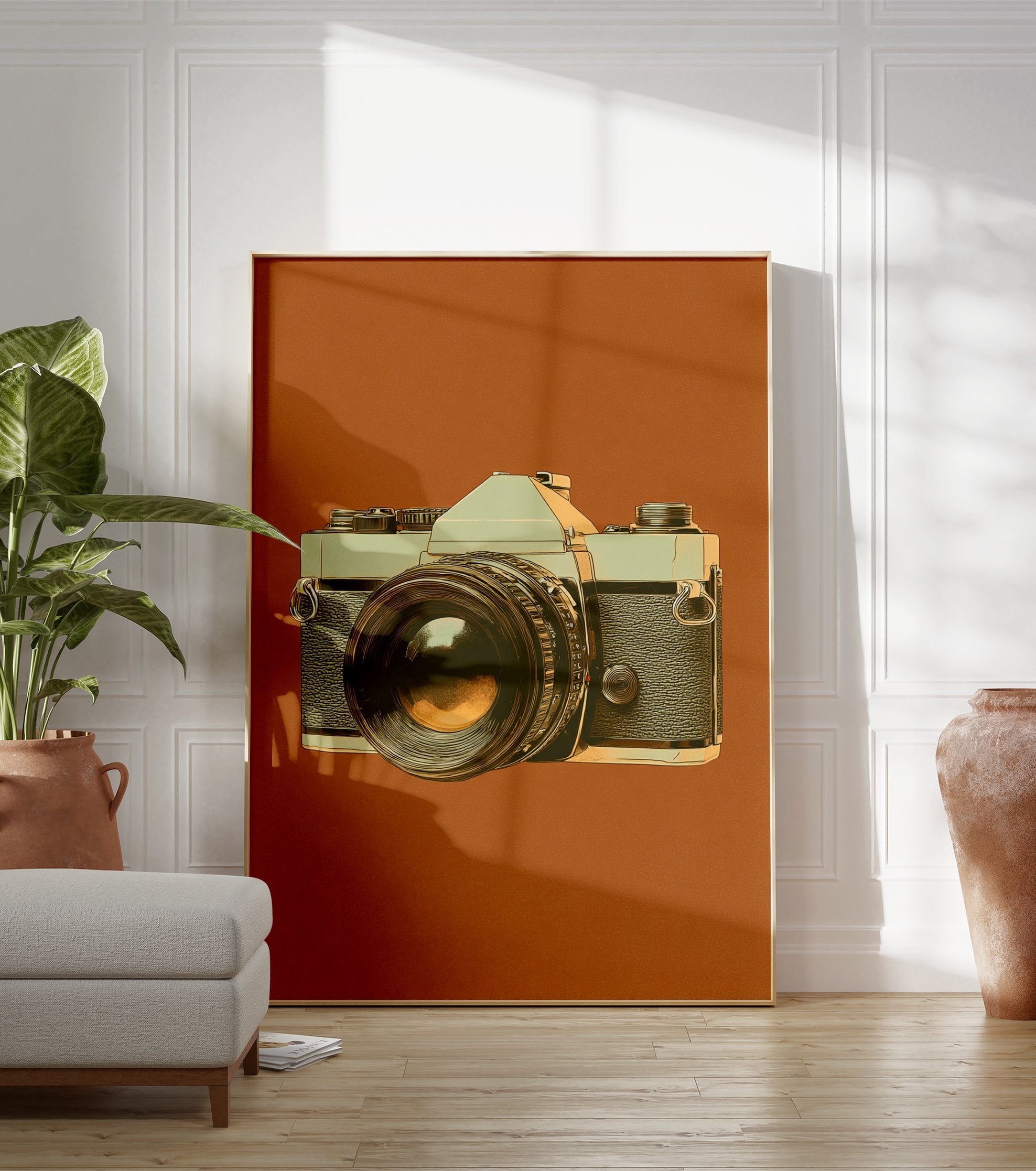 Vintage camera poster with a detailed illustration of a classic camera on a warm brown background. - Image 3