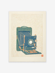 Vintage folding camera illustration art print in blue, green, and orange on a textured cream background.