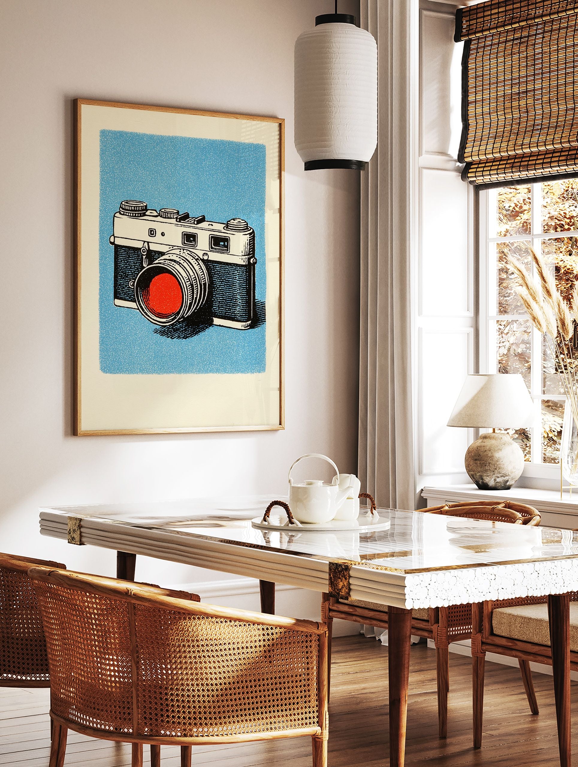 Illustrated vintage camera art print on a light blue background with a red lens, perfect for retro wall decor. - Image 2