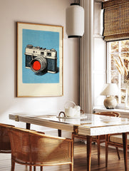 Illustrated vintage camera art print on a light blue background with a red lens, perfect for retro wall decor. - Image 2