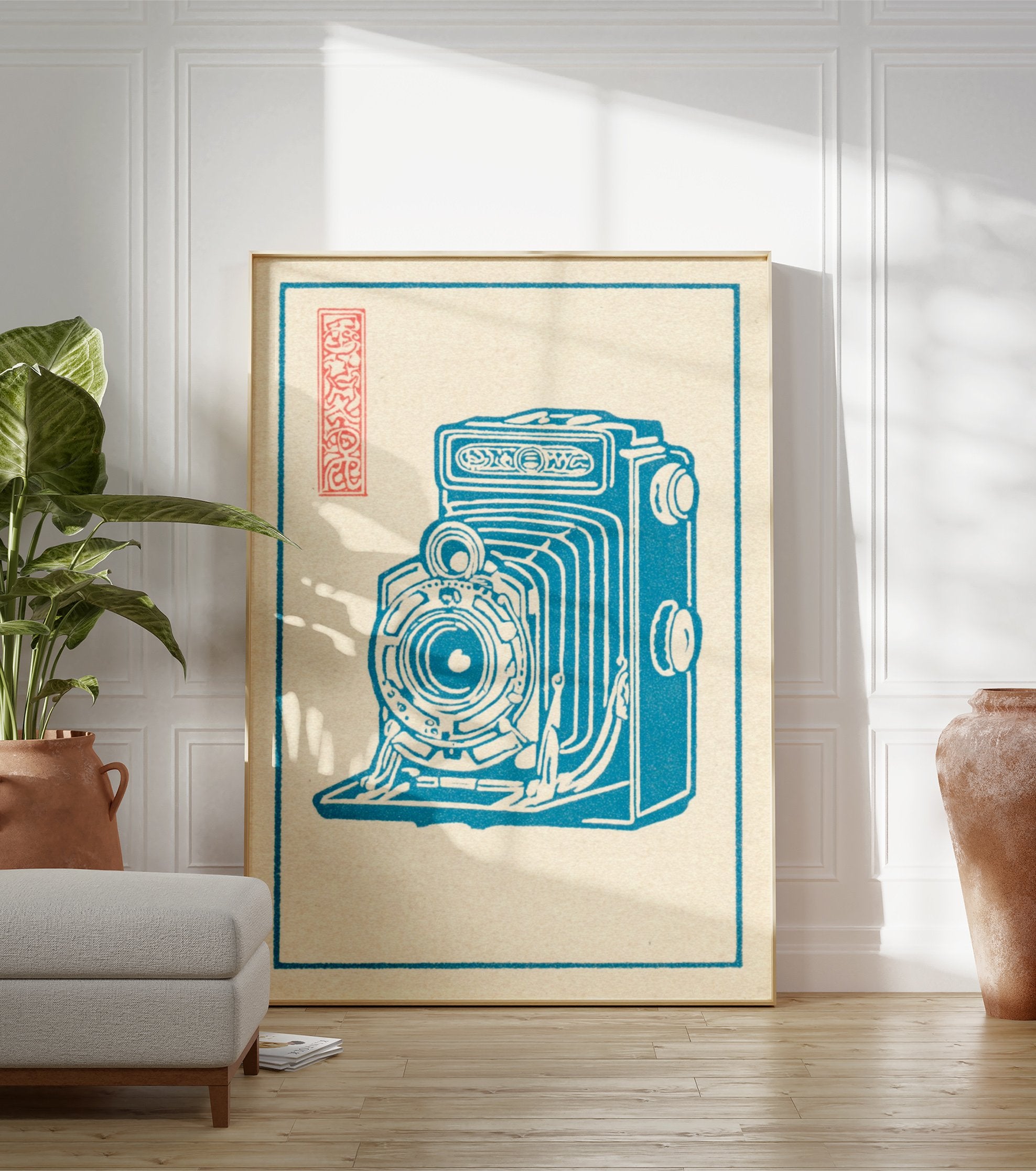 Blue vintage folding camera illustration art print with a red Japanese seal on a cream background within a blue border. - Image 3