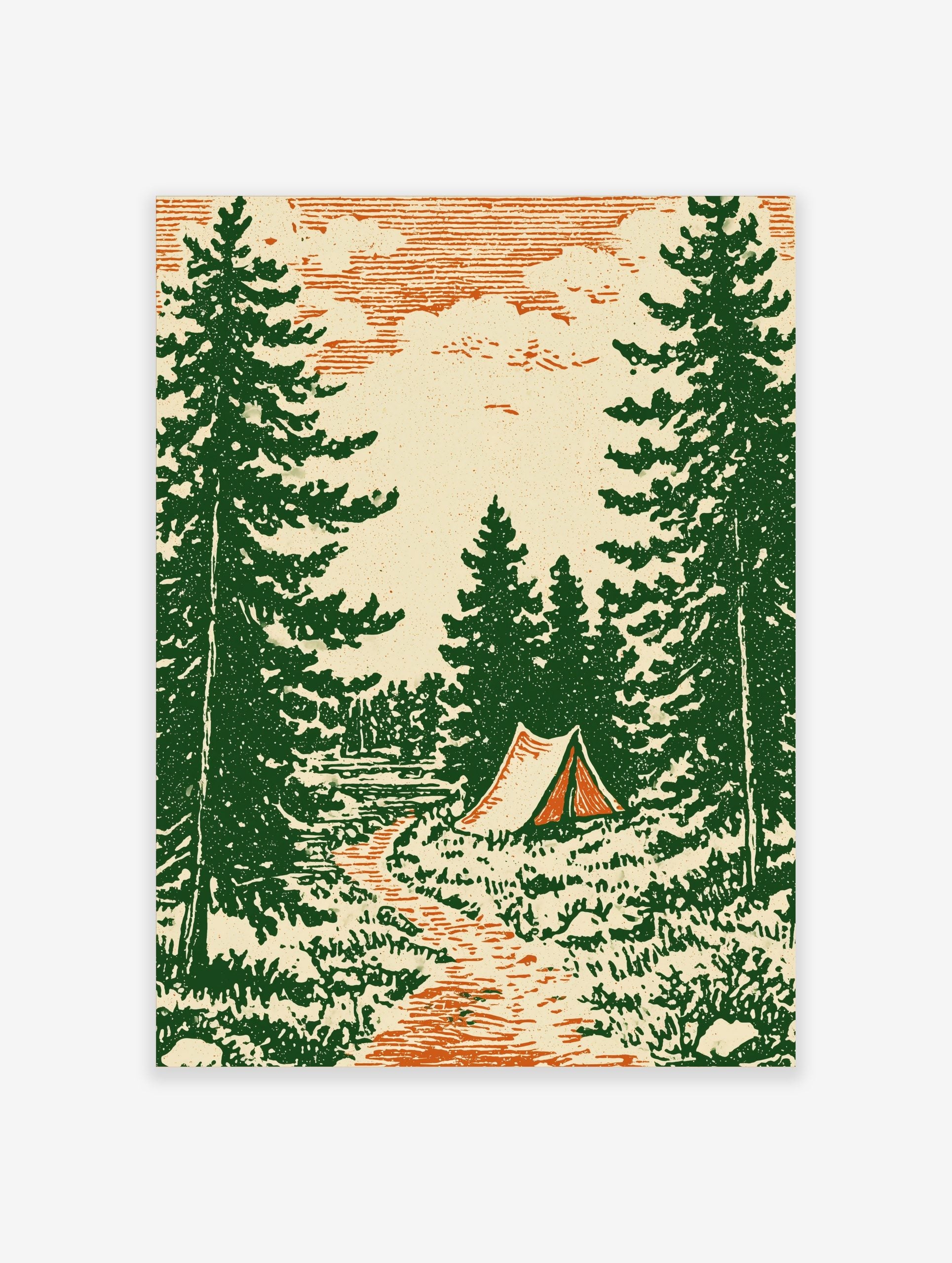 Vintage illustrative camping scene with green pine trees, orange path, and a tent under a stylised sky
