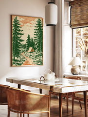 Vintage illustrative camping scene with green pine trees, orange path, and a tent under a stylised, in a styled room mockup