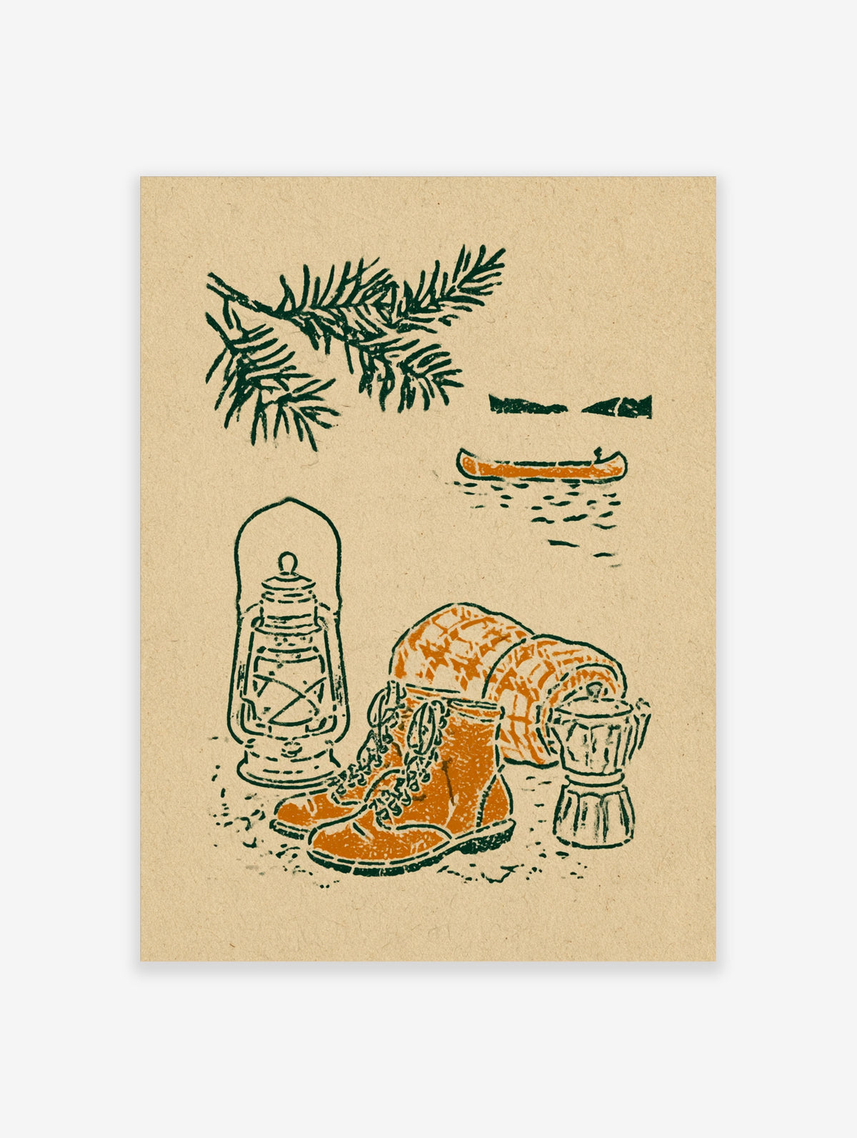 Vintage camping poster with green lantern, orange hiking boots, bedroll, and canoe on beige background