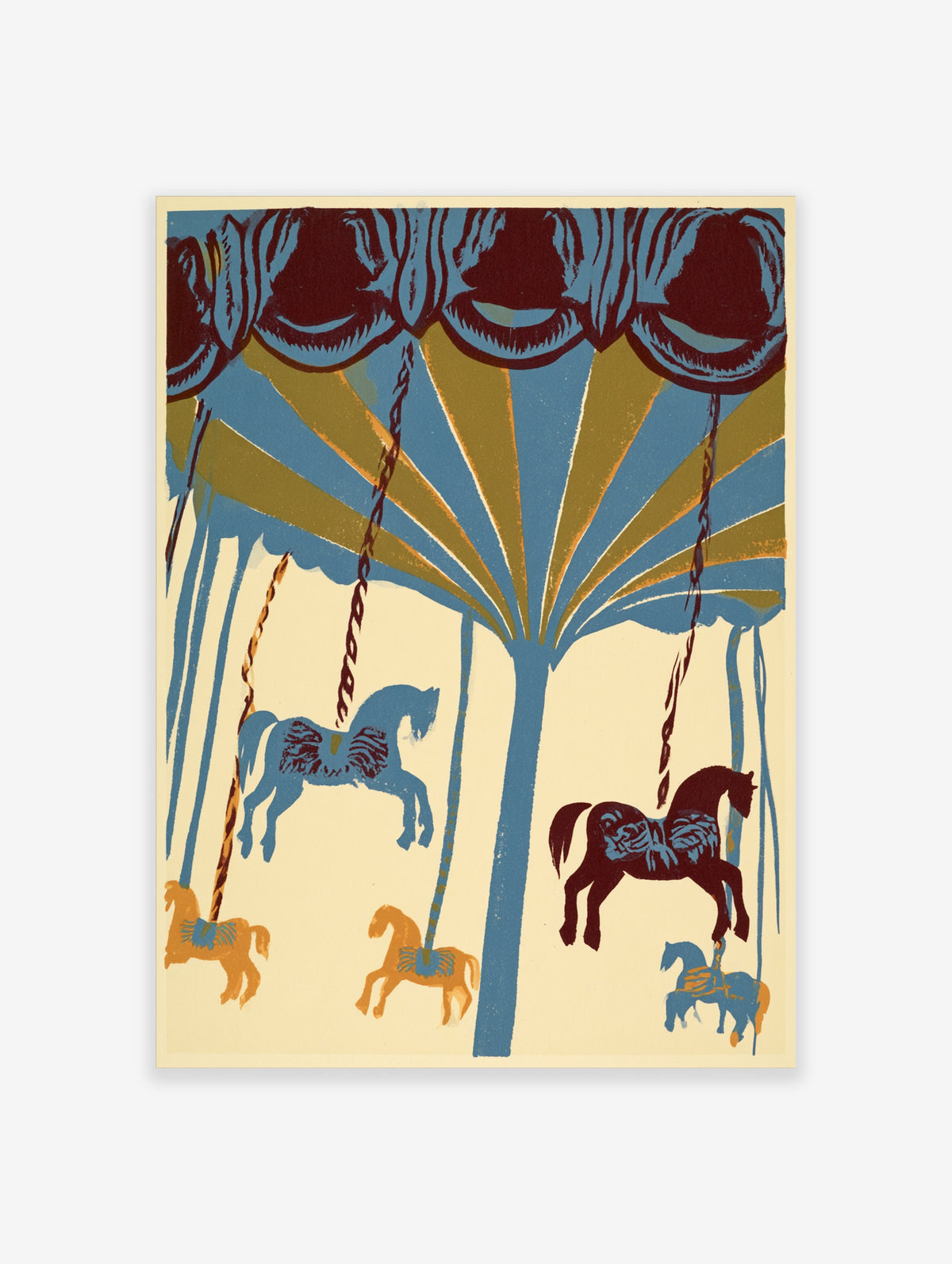 Vintage carousel horse poster with blue and burgundy horses under a striped canopy on cream background