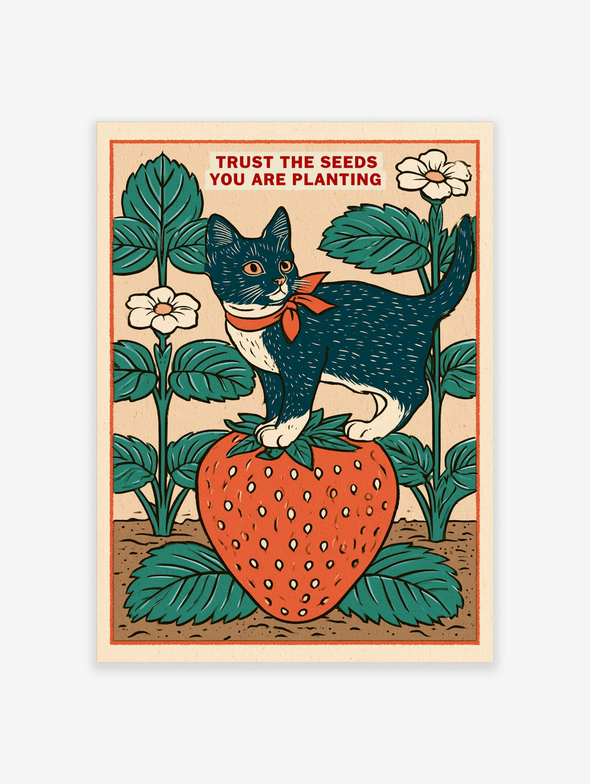 Vintage cat and strawberry poster with red quote text and green leaves