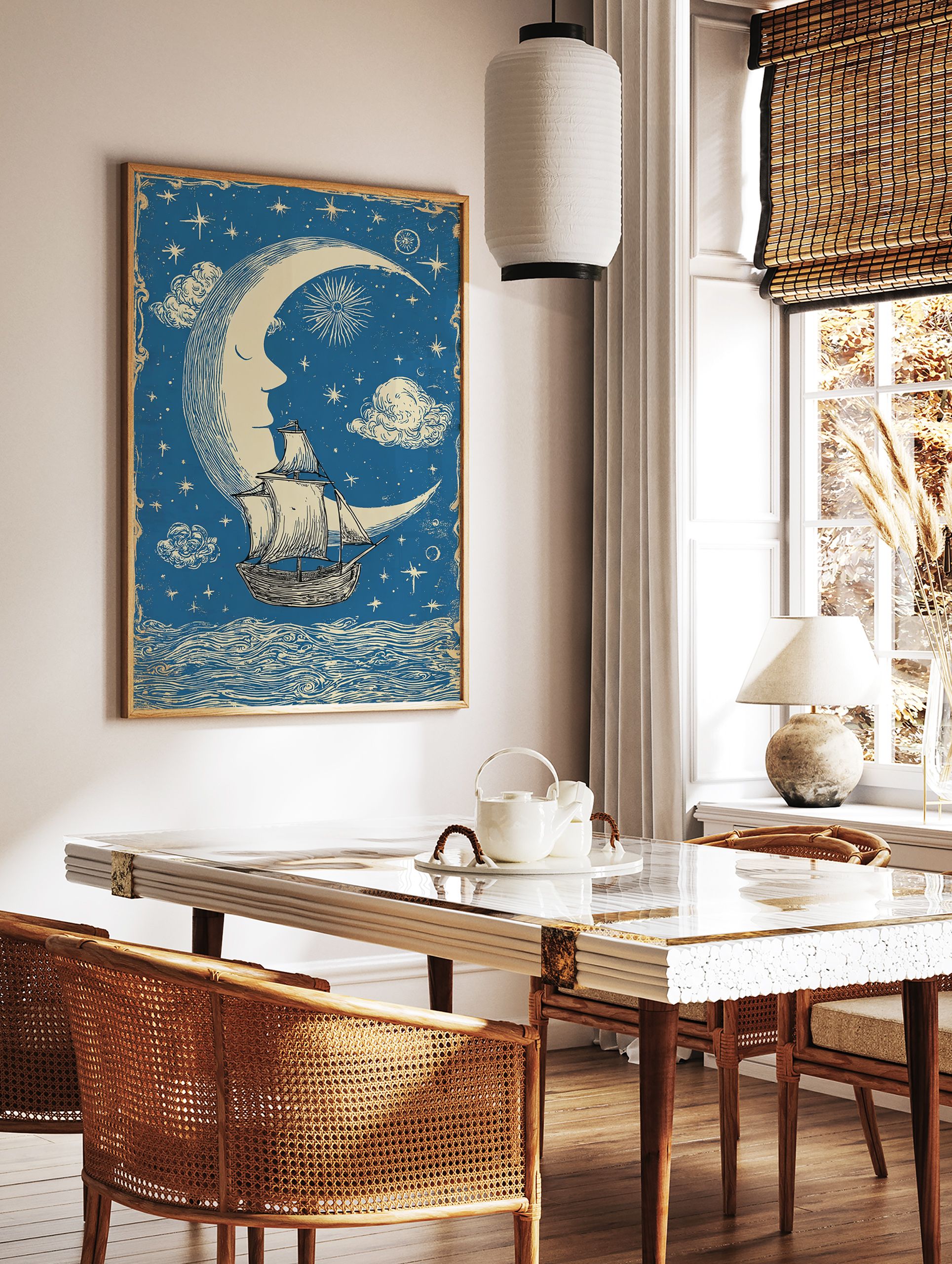 Vintage celestial poster with a crescent moon face, sailing ship on wavy sea, stars, and clouds on a blue background. - Image 2