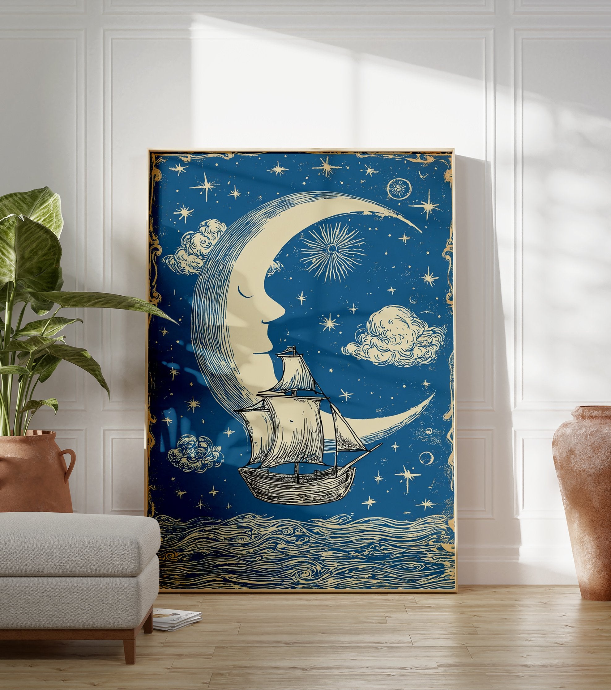 Vintage celestial poster with a crescent moon face, sailing ship on wavy sea, stars, and clouds on a blue background. - Image 3