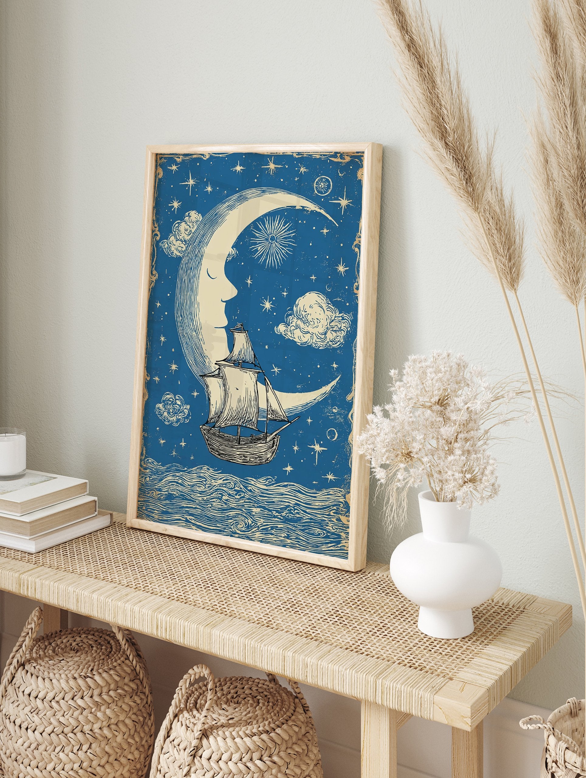Vintage celestial poster with a crescent moon face, sailing ship on wavy sea, stars, and clouds on a blue background. - Image 4