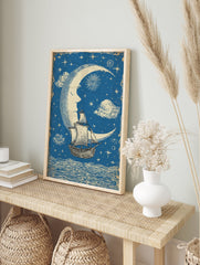 Vintage celestial poster with a crescent moon face, sailing ship on wavy sea, stars, and clouds on a blue background. - Image 4