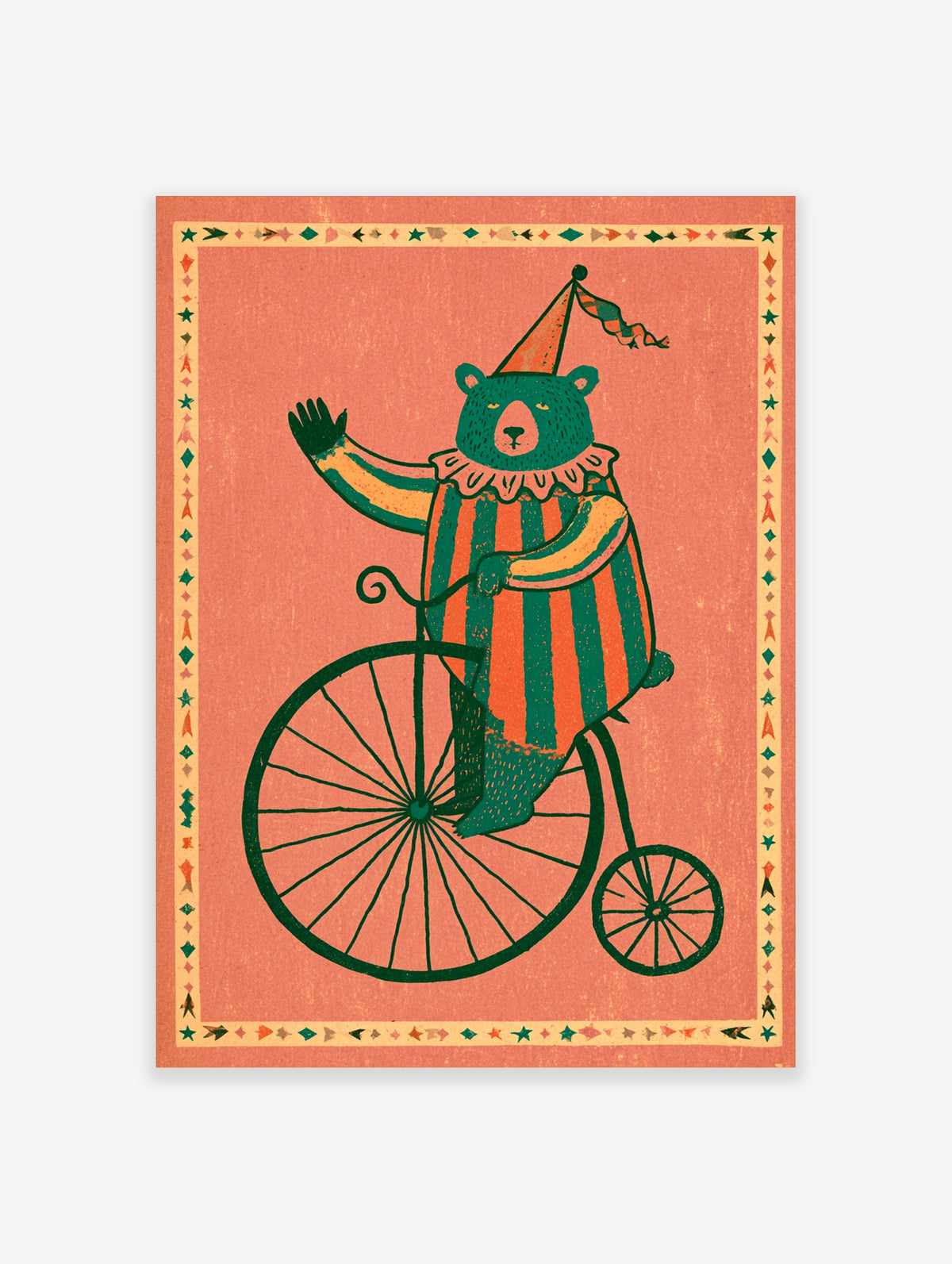 Vintage circus bear poster with teal bear on unicycle, striped suit, party hat, coral background