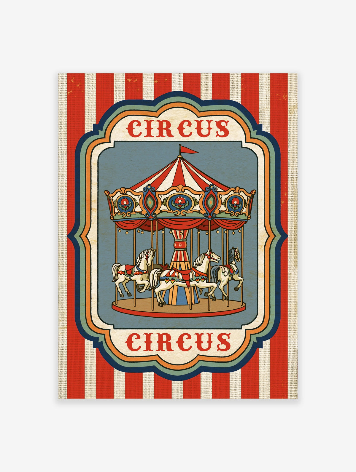 Vintage circus carousel poster with red and white striped canopy, three galloping horses, and CIRCUS typography on blue
