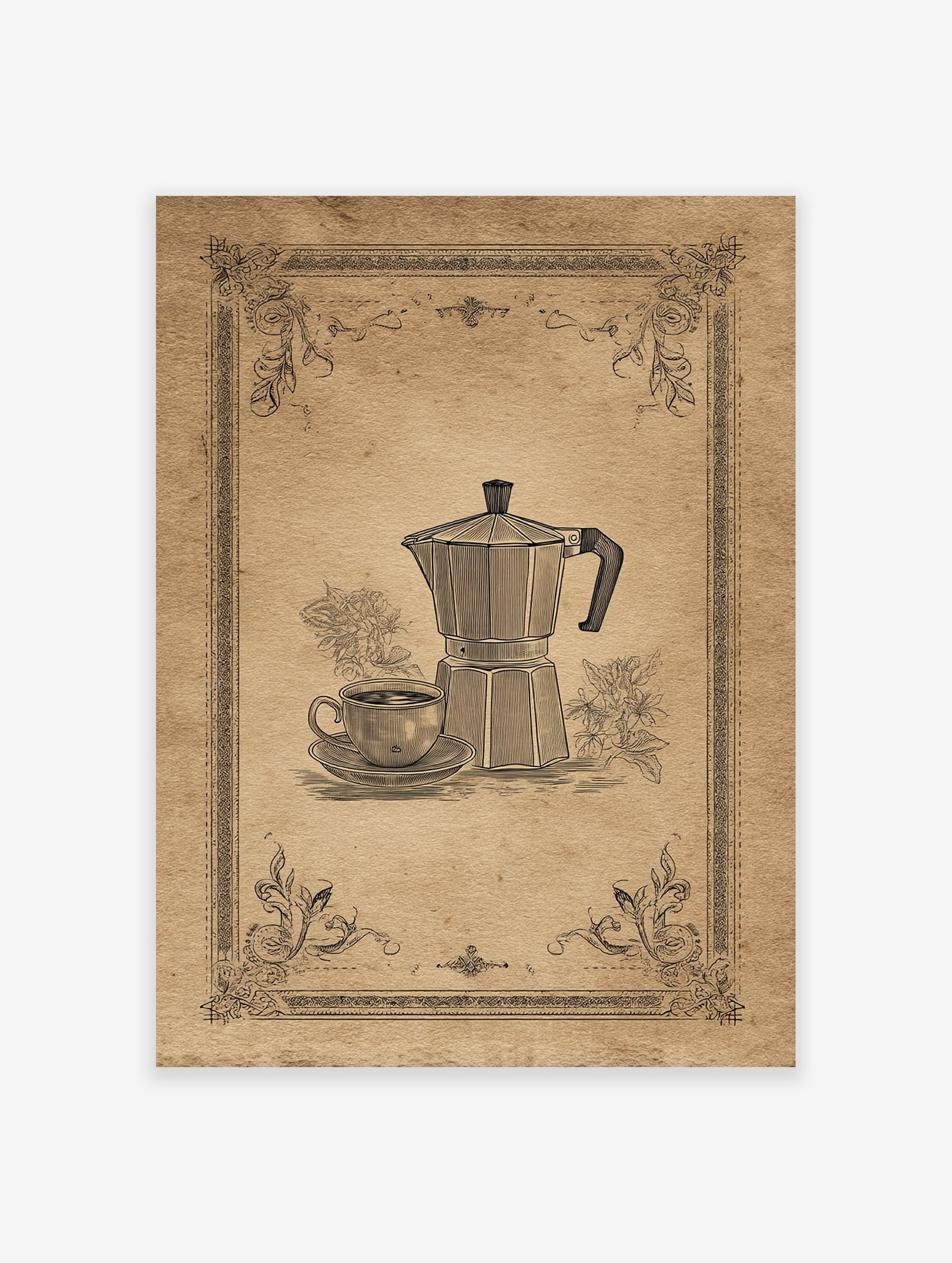 Vintage coffee poster featuring a detailed black line art illustration of a Moka pot and coffee cup on a sepia background with decorative borders.