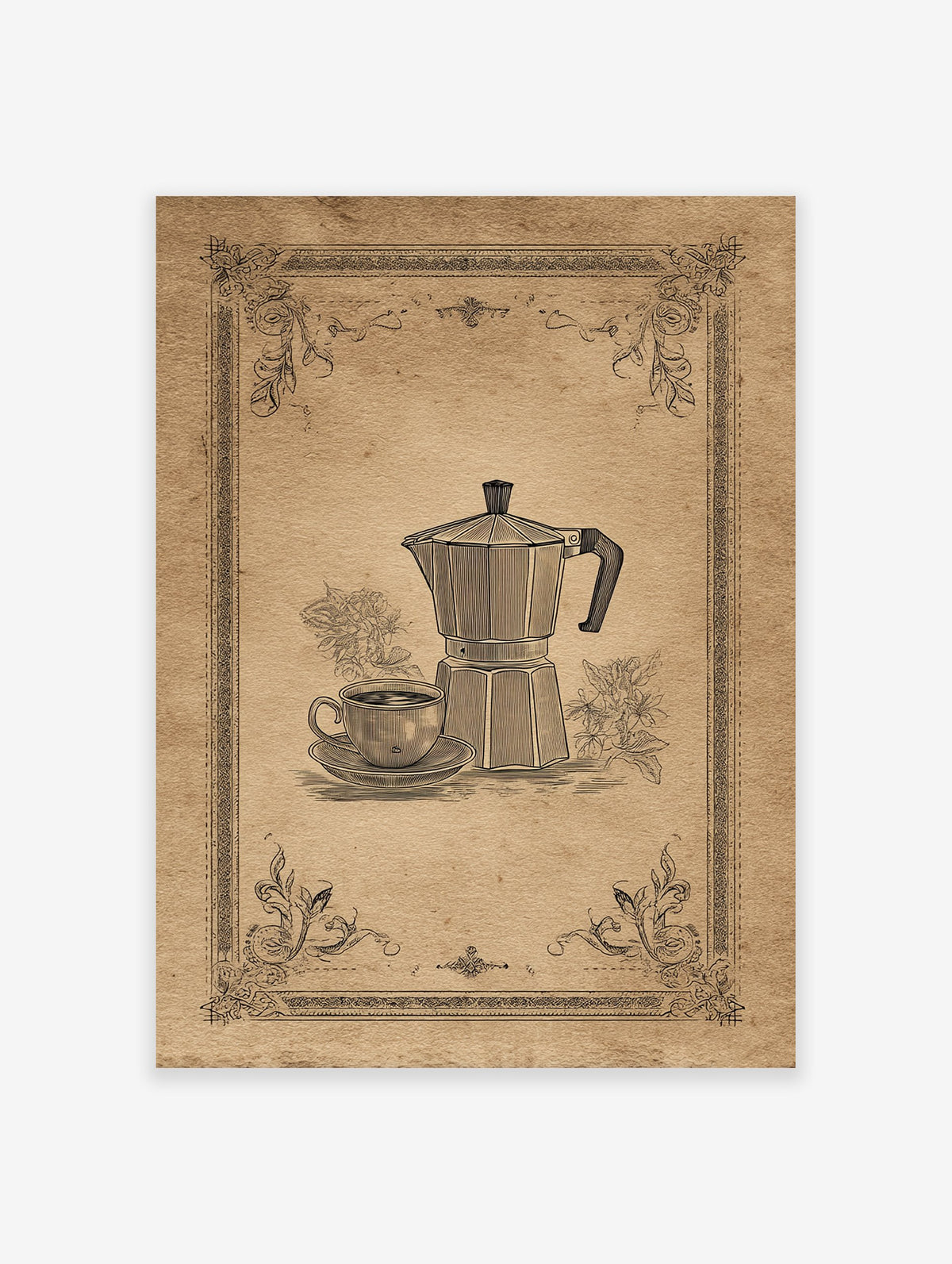 Vintage coffee poster featuring a detailed black line art illustration of a Moka pot and coffee cup on a sepia background with decorative borders.