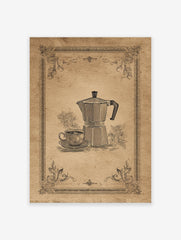 Vintage coffee poster featuring a detailed black line art illustration of a Moka pot and coffee cup on a sepia background with decorative borders.