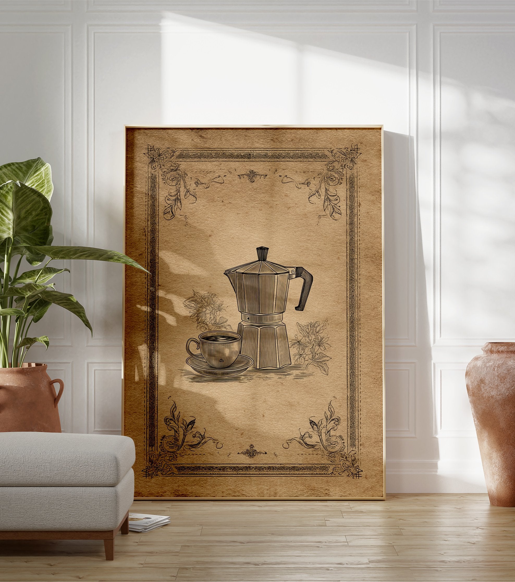 Vintage coffee poster featuring a detailed black line art illustration of a Moka pot and coffee cup on a sepia background with decorative borders. - Image 3