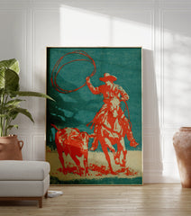 Vintage cowboy roping poster featuring a cowboy on a horse lassoing a calf, set against a teal and orange background. - Image 3