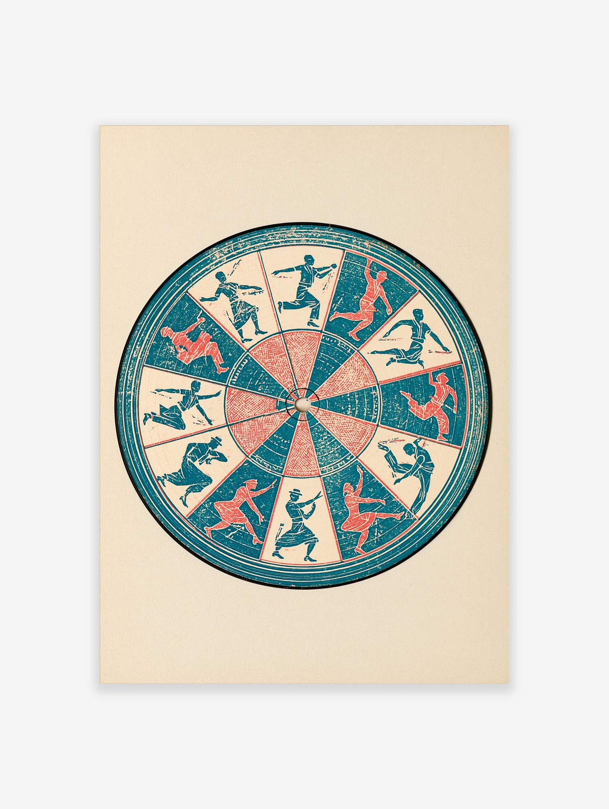 Circular vintage dance print with twelve teal and coral dancers in dynamic poses on cream background