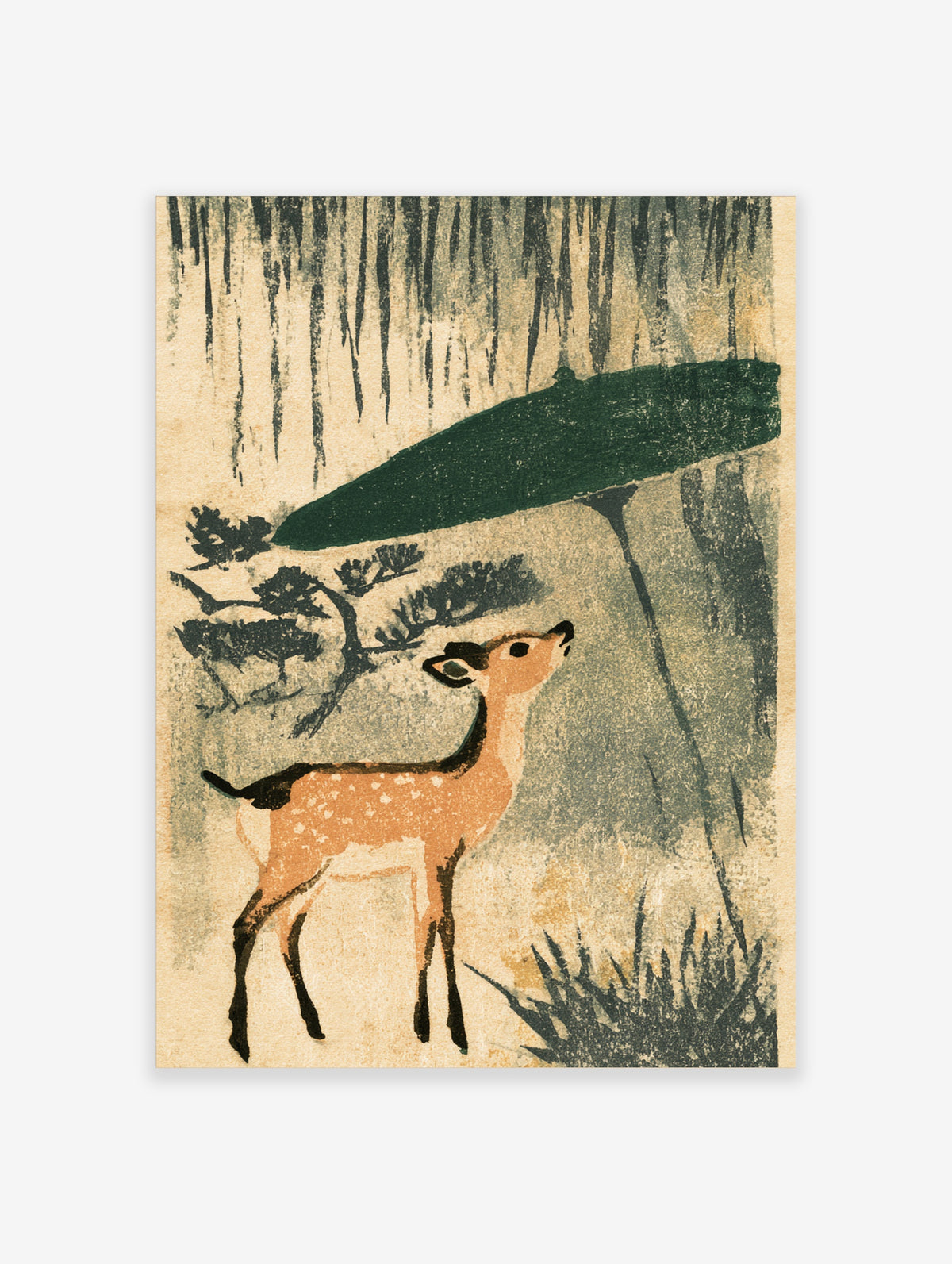 Vintage Japanese woodblock deer poster with spotted fawn under green parasol and pine branches